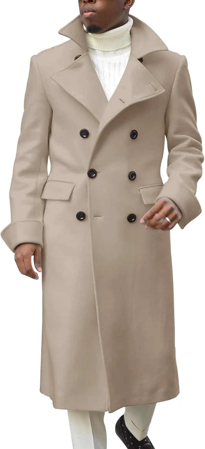 Men's Notch Lapel Double Breasted Long Trench Coat Casual Cotton Blend Peacoat
