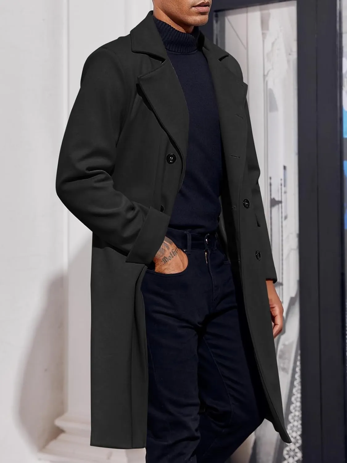 Men's Notch Lapel Double Breasted Long Trench Coat Casual Cotton Blend Peacoat