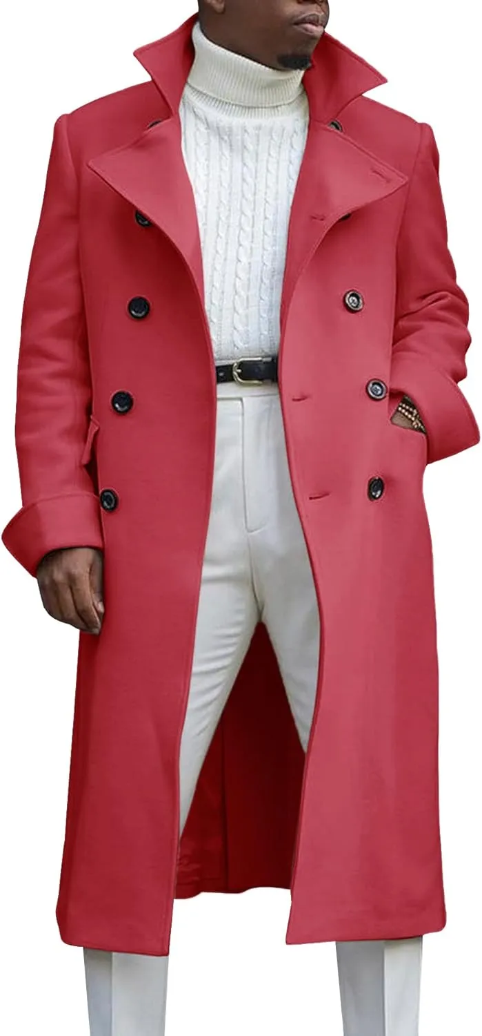 Men's Notch Lapel Double Breasted Long Trench Coat Casual Cotton Blend Peacoat