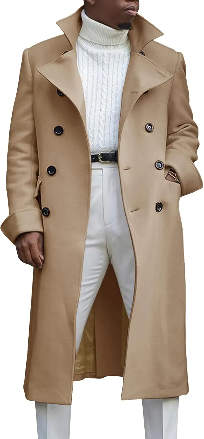 Men's Notch Lapel Double Breasted Long Trench Coat Casual Cotton Blend Peacoat