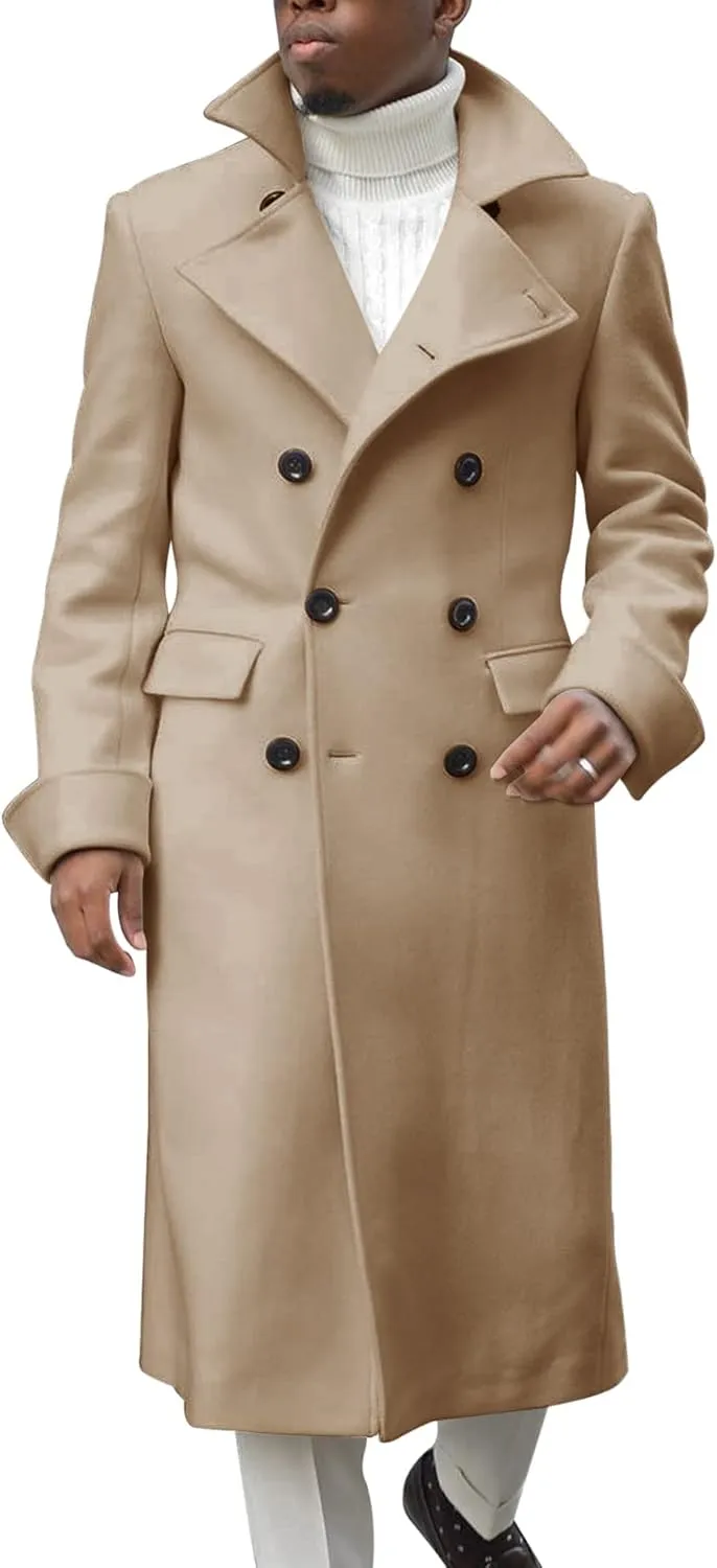Men's Notch Lapel Double Breasted Long Trench Coat Casual Cotton Blend Peacoat