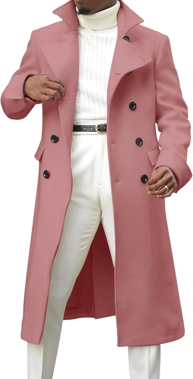 Men's Notch Lapel Double Breasted Long Trench Coat Casual Cotton Blend Peacoat