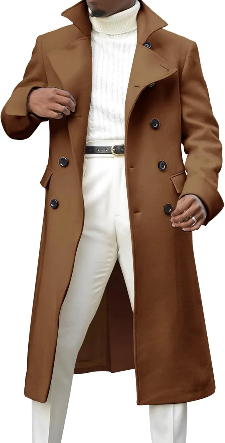 Men's Notch Lapel Double Breasted Long Trench Coat Casual Cotton Blend Peacoat
