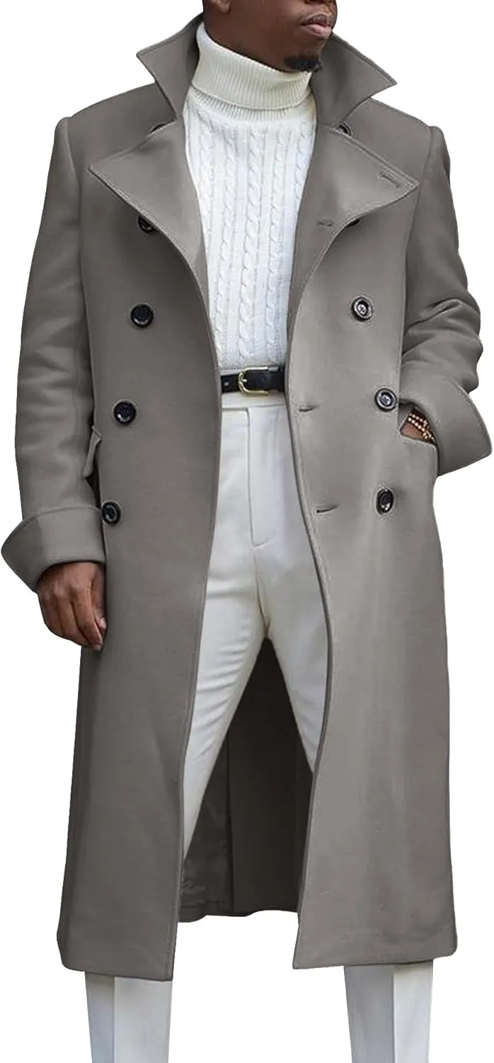 Men's Notch Lapel Double Breasted Long Trench Coat Casual Cotton Blend Peacoat