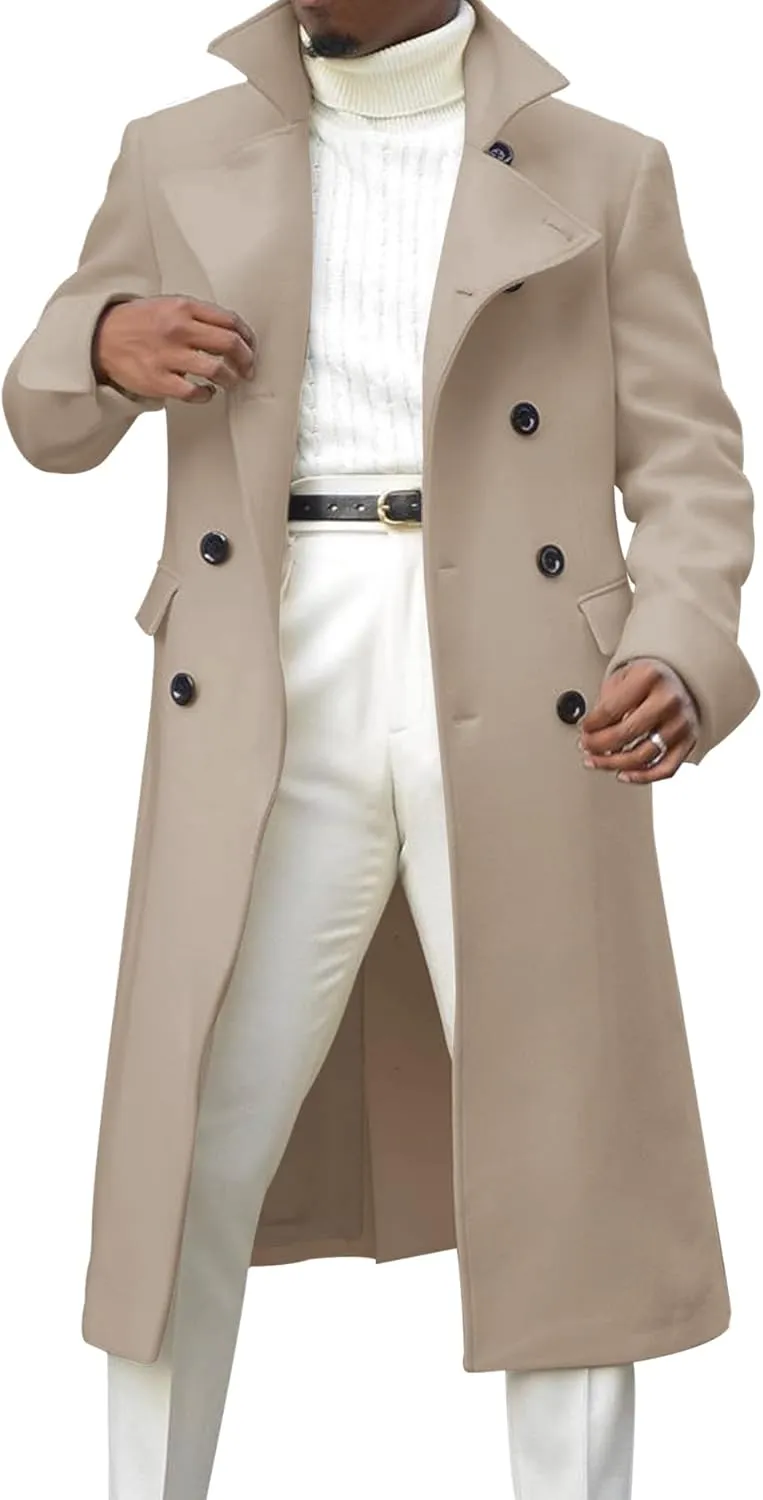 Men's Notch Lapel Double Breasted Long Trench Coat Casual Cotton Blend Peacoat