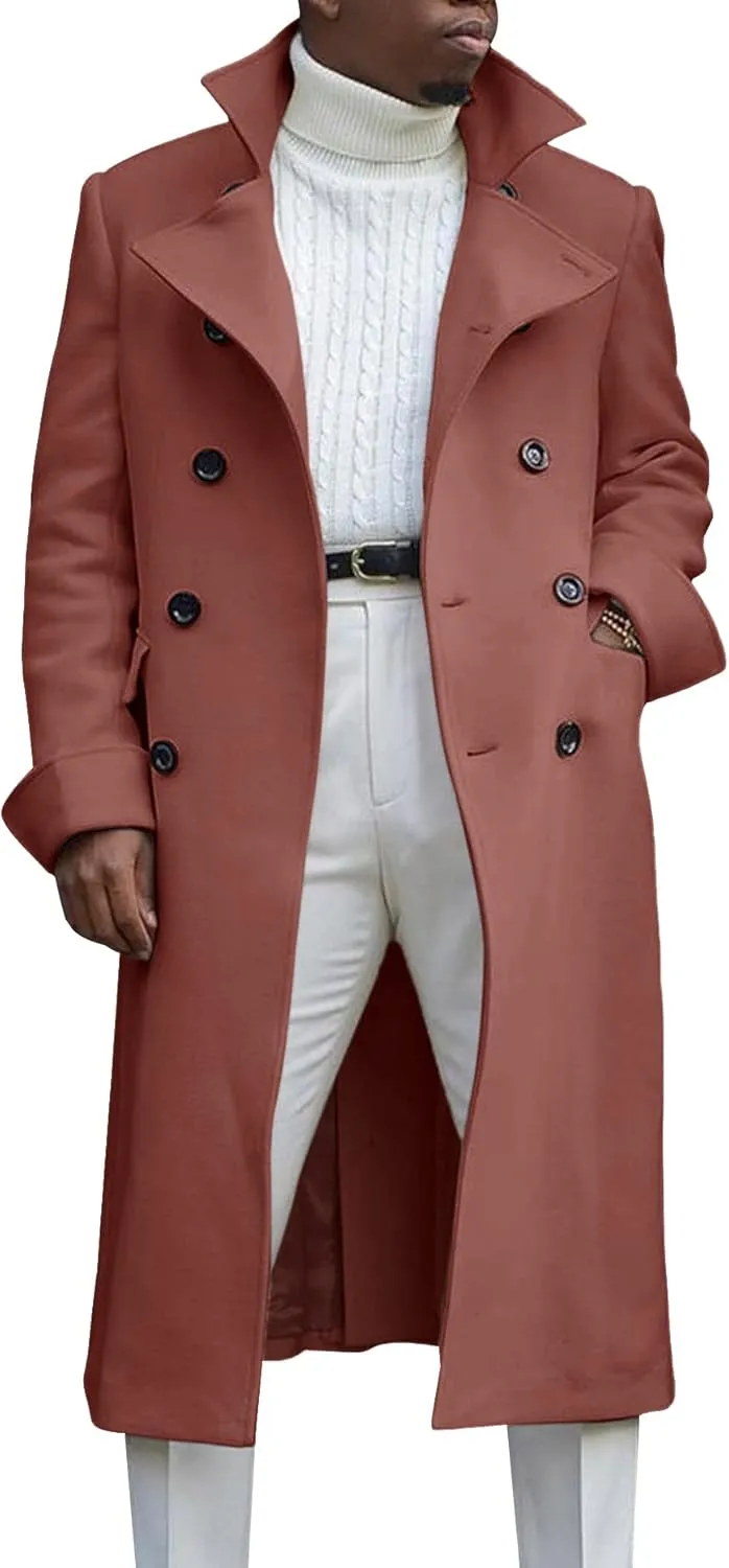 Men's Notch Lapel Double Breasted Long Trench Coat Casual Cotton Blend Peacoat