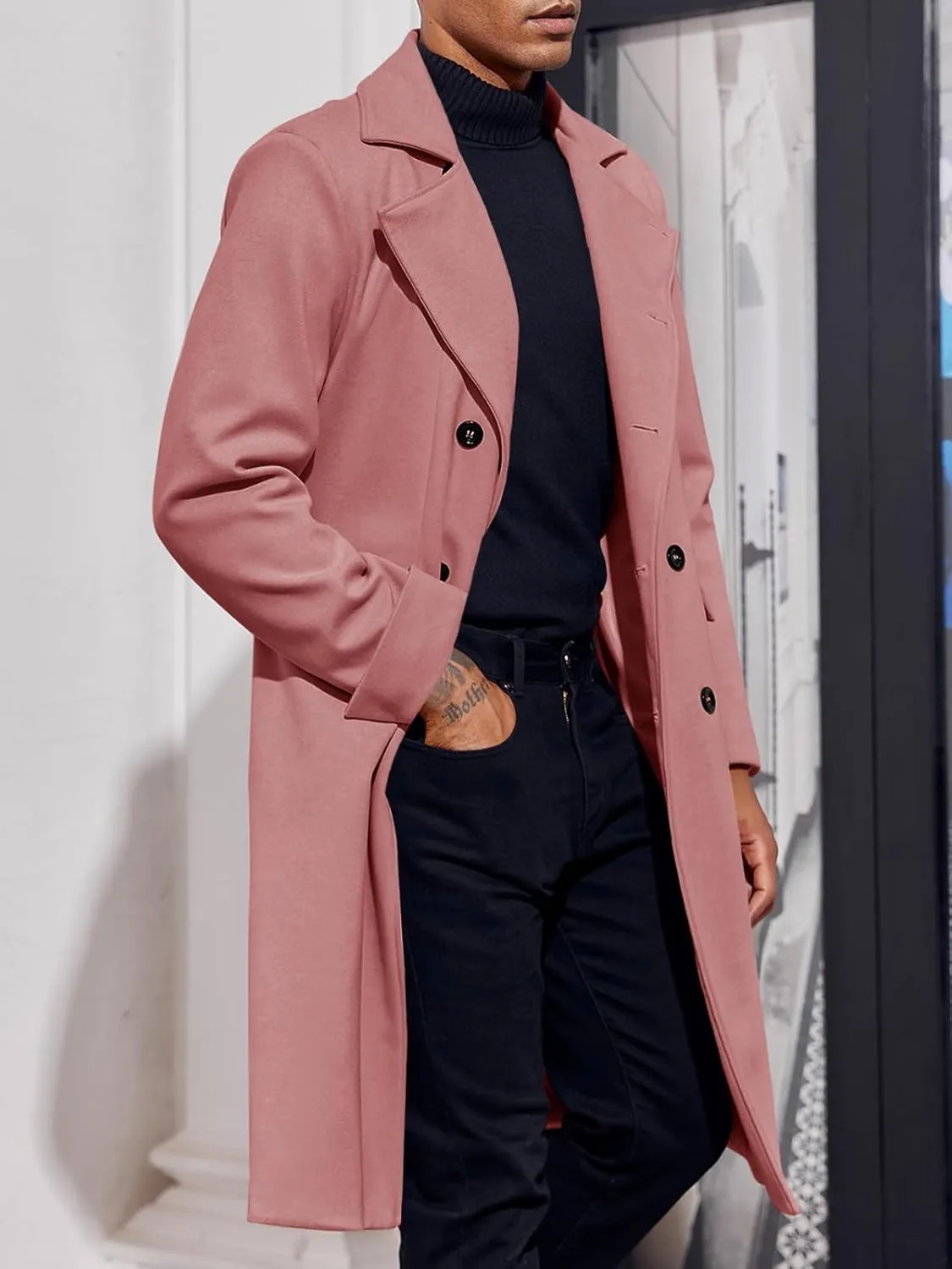 Men's Notch Lapel Double Breasted Long Trench Coat Casual Cotton Blend Peacoat