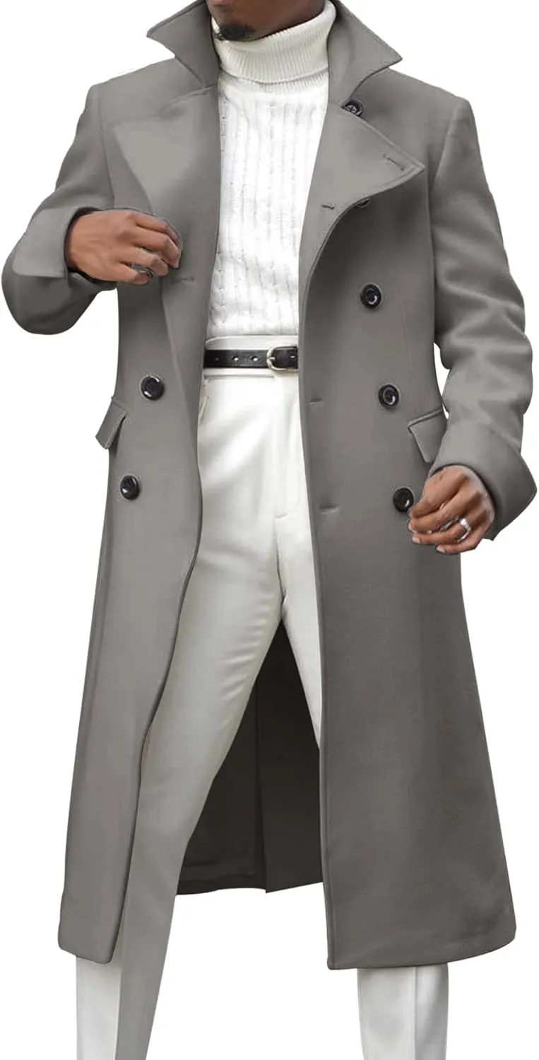 Men's Notch Lapel Double Breasted Long Trench Coat Casual Cotton Blend Peacoat