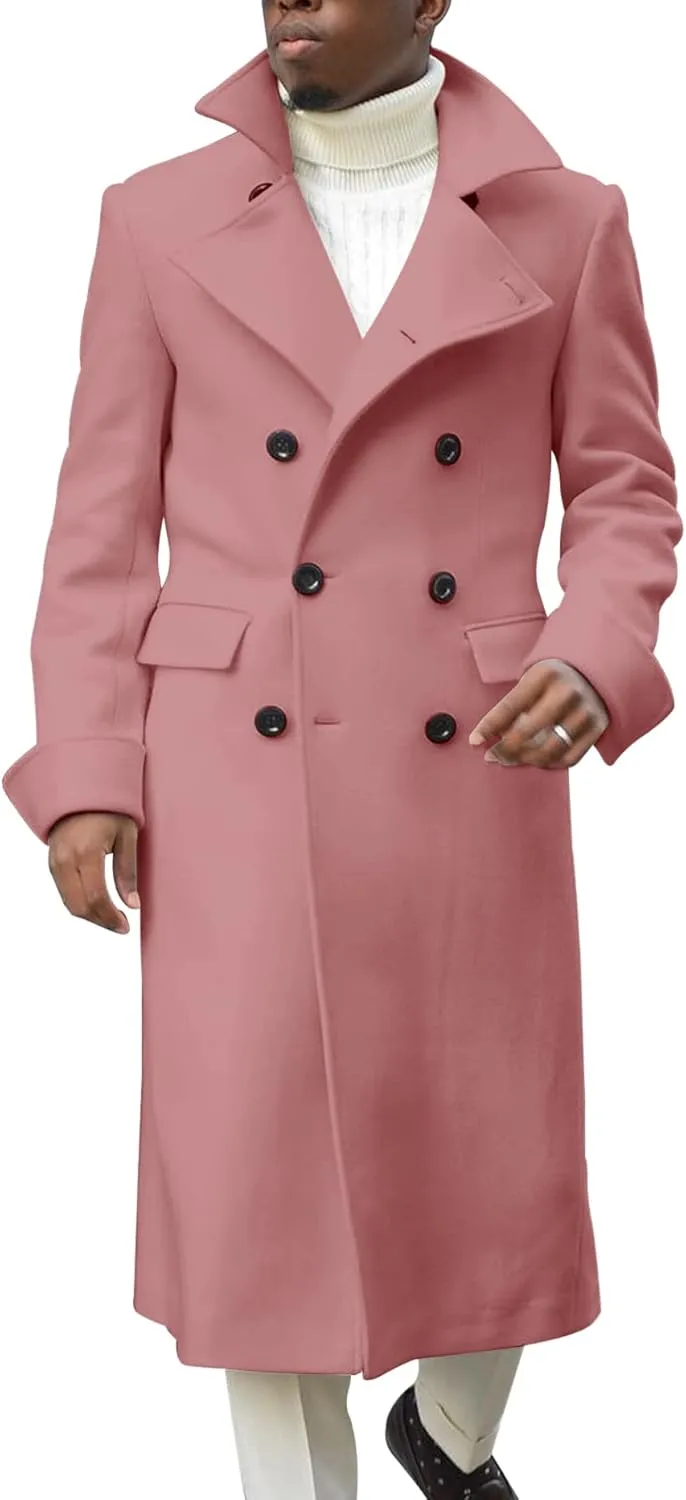 Men's Notch Lapel Double Breasted Long Trench Coat Casual Cotton Blend Peacoat