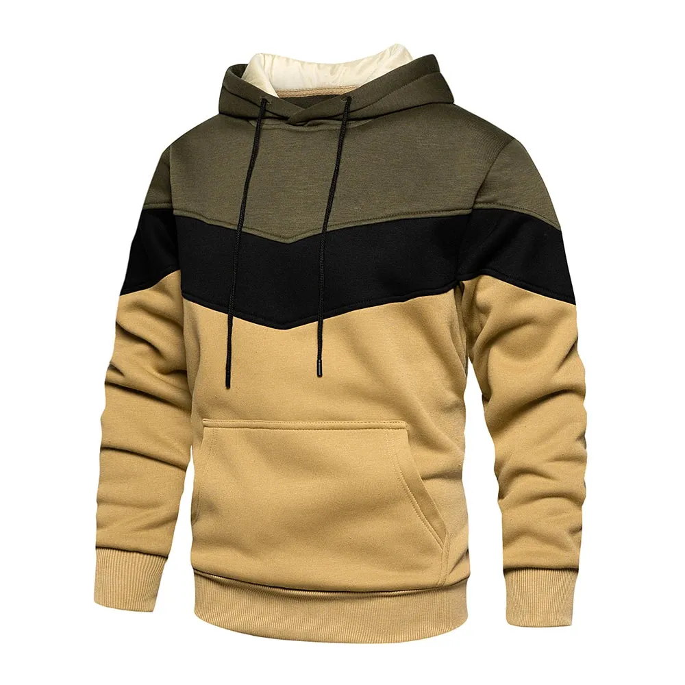 Men's Patchwork Hooded Sweatshirt - Casual Fleece Warm Hoodies for Autumn Winter