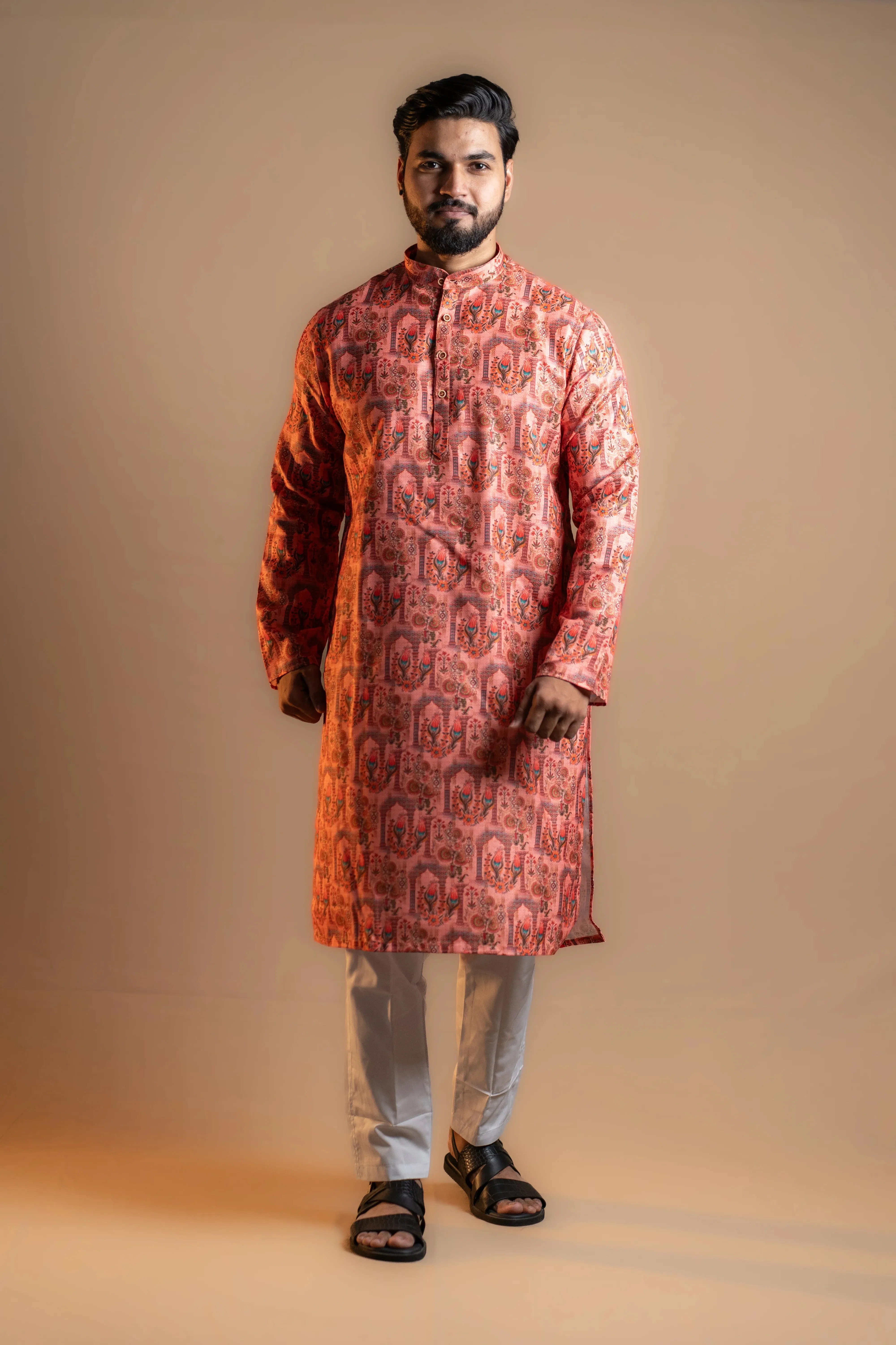Men's Red Kurta Set with Subtle Floral Prints