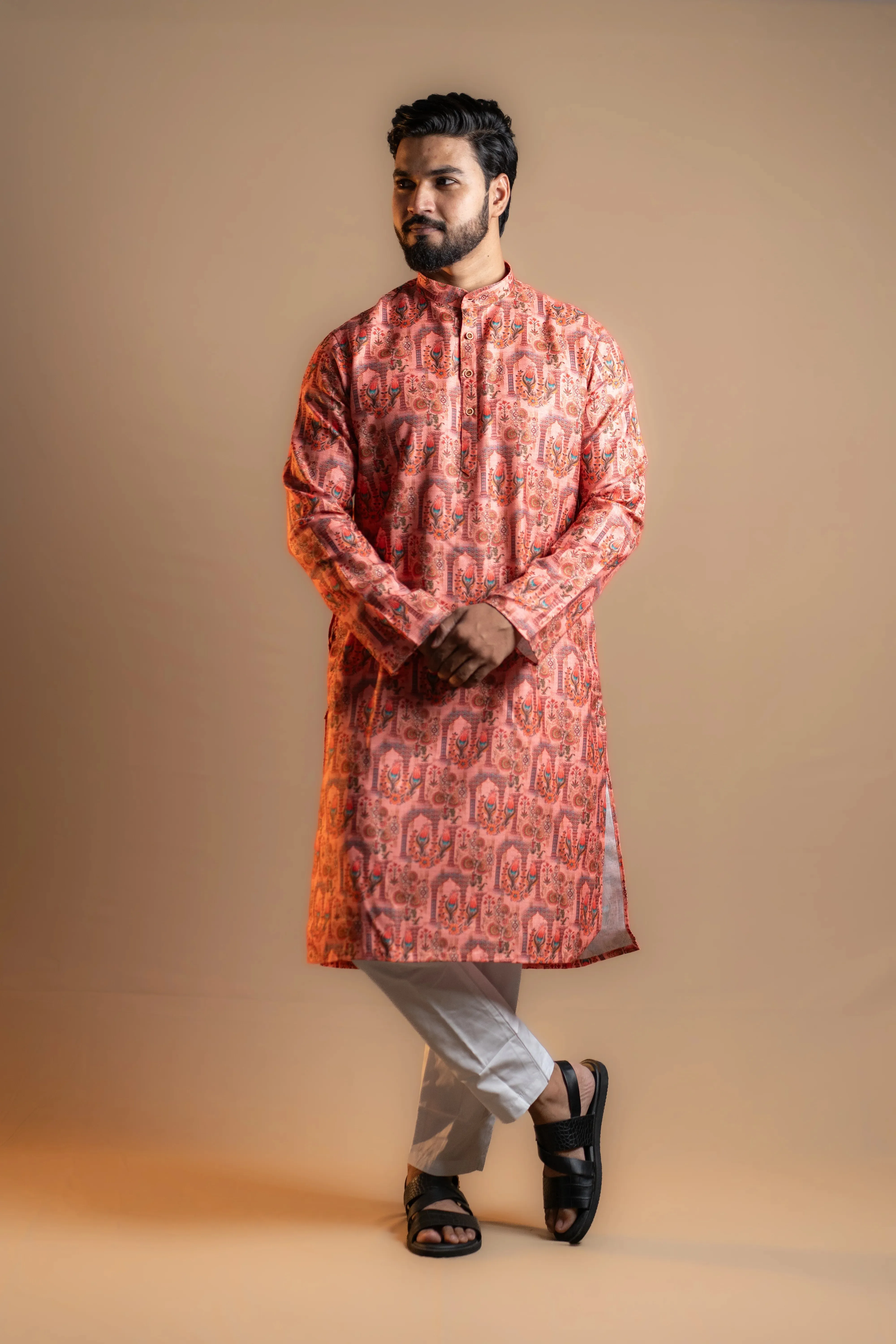 Men's Red Kurta Set with Subtle Floral Prints