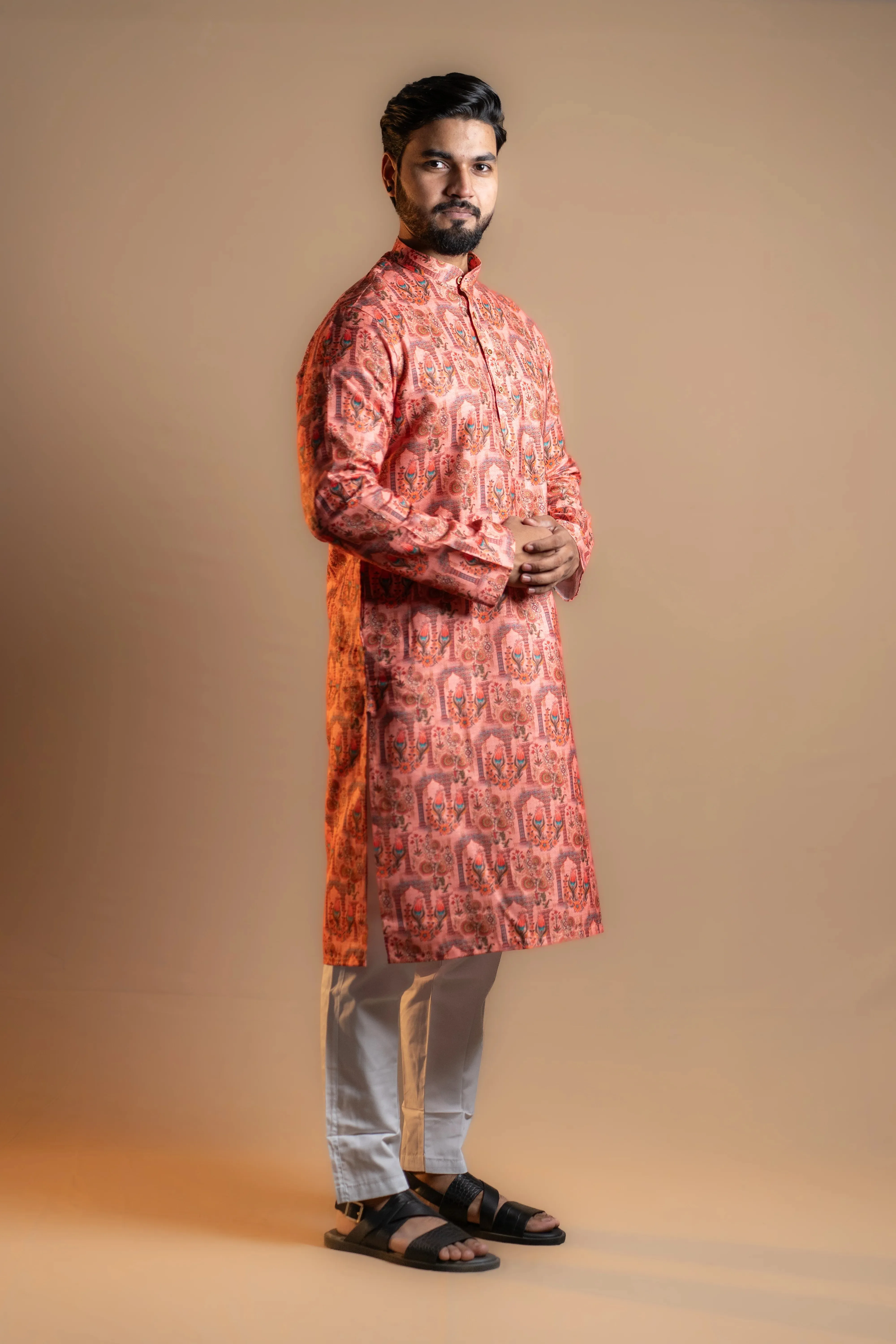 Men's Red Kurta Set with Subtle Floral Prints