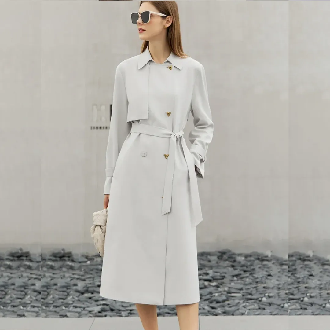 Minimalist French Trench Coat for Women – Spring Elegant Belted Jacket, Loose Fit, Solid Color, Commuter Casual Style