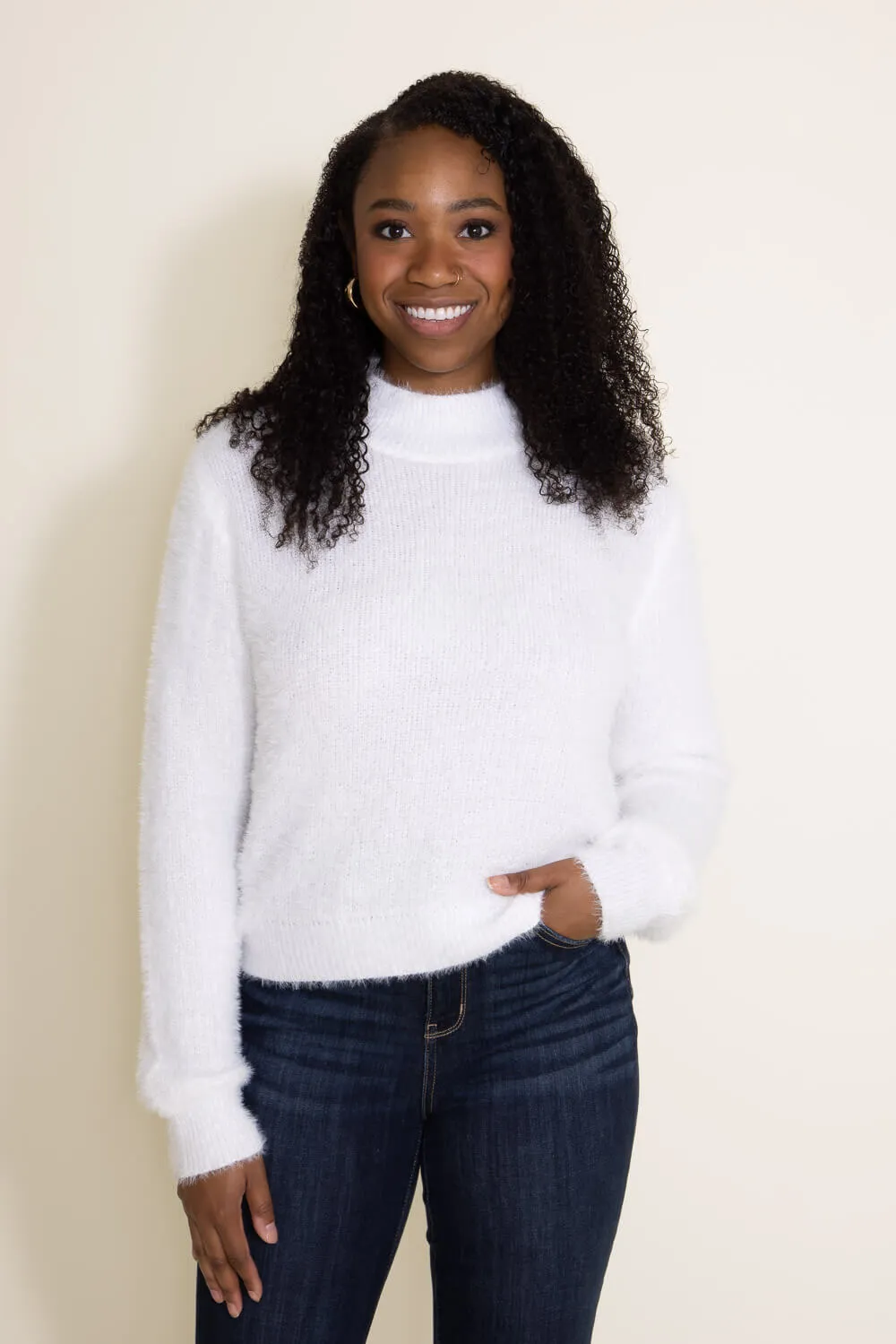 Miracle Mock Neck Eyelash Sweater for Women in White | W2306-IVORY