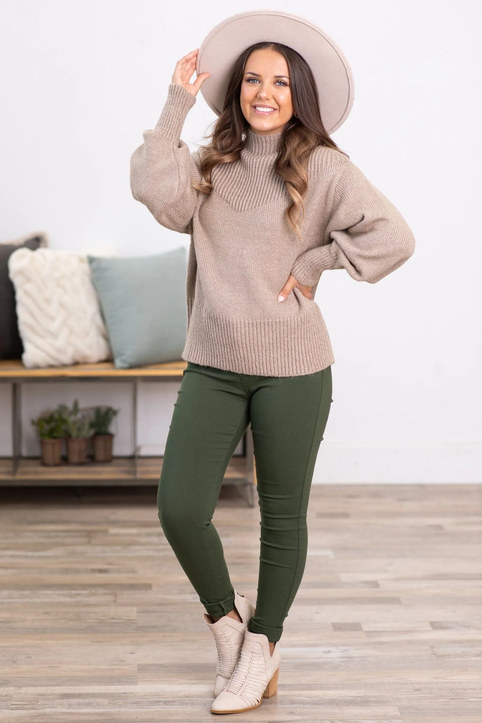 Mocha Balloon Sleeve Mock Neck Sweater