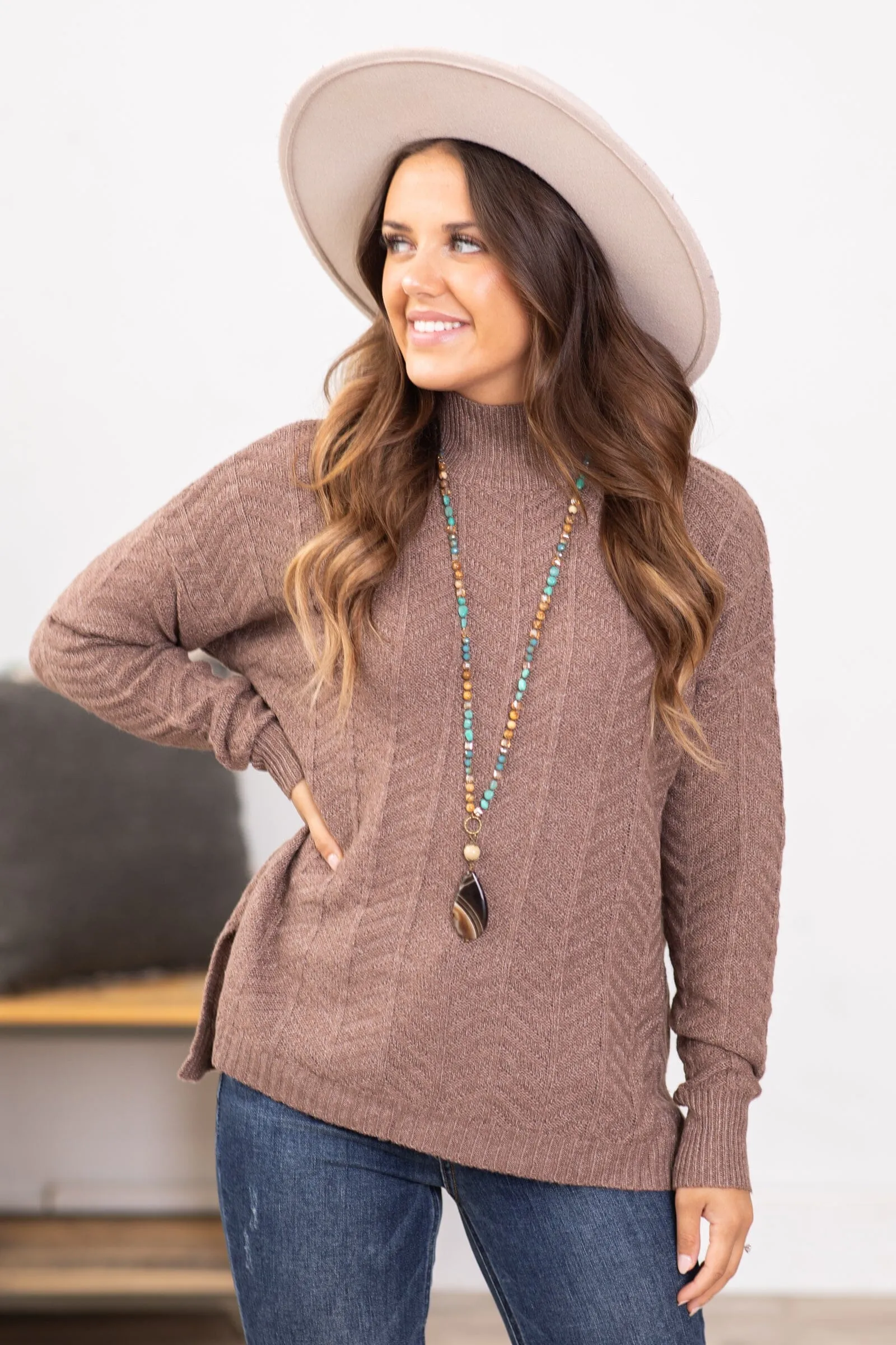 Mocha Chevron Textured Mock Neck Sweater