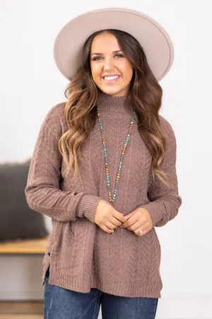Mocha Chevron Textured Mock Neck Sweater