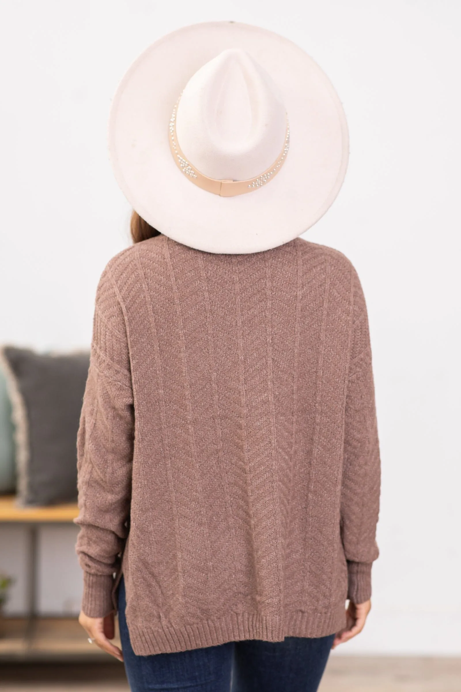 Mocha Chevron Textured Mock Neck Sweater