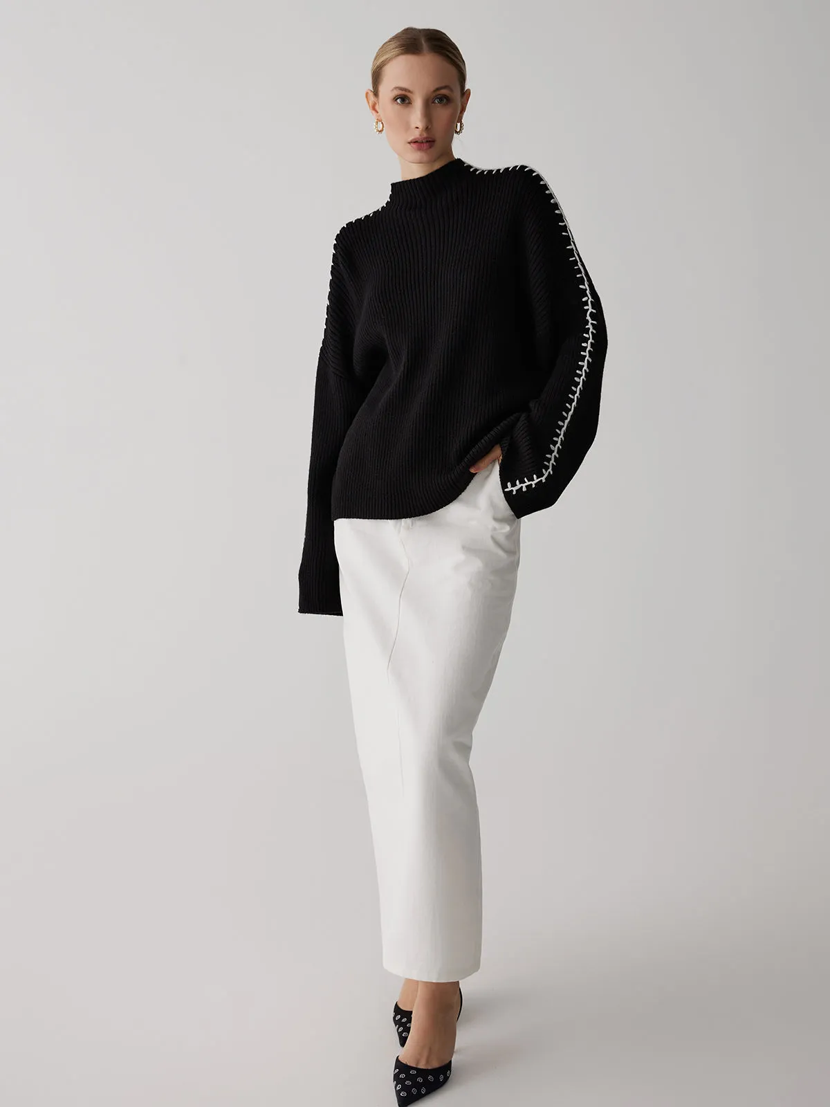 Mock Neck Contrast Knit Sweater