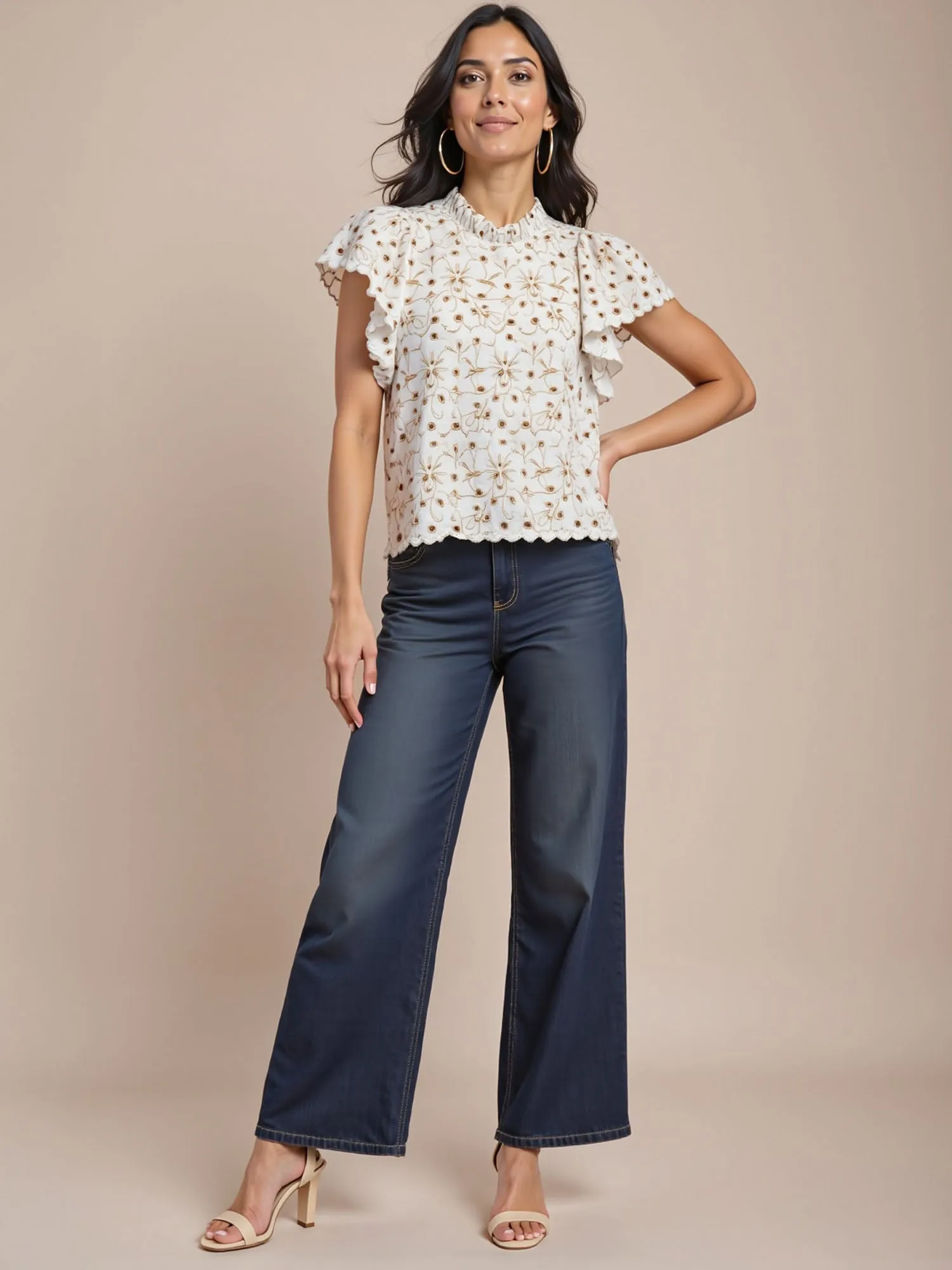 Mock Neck Embroidered Eyelet Blouse