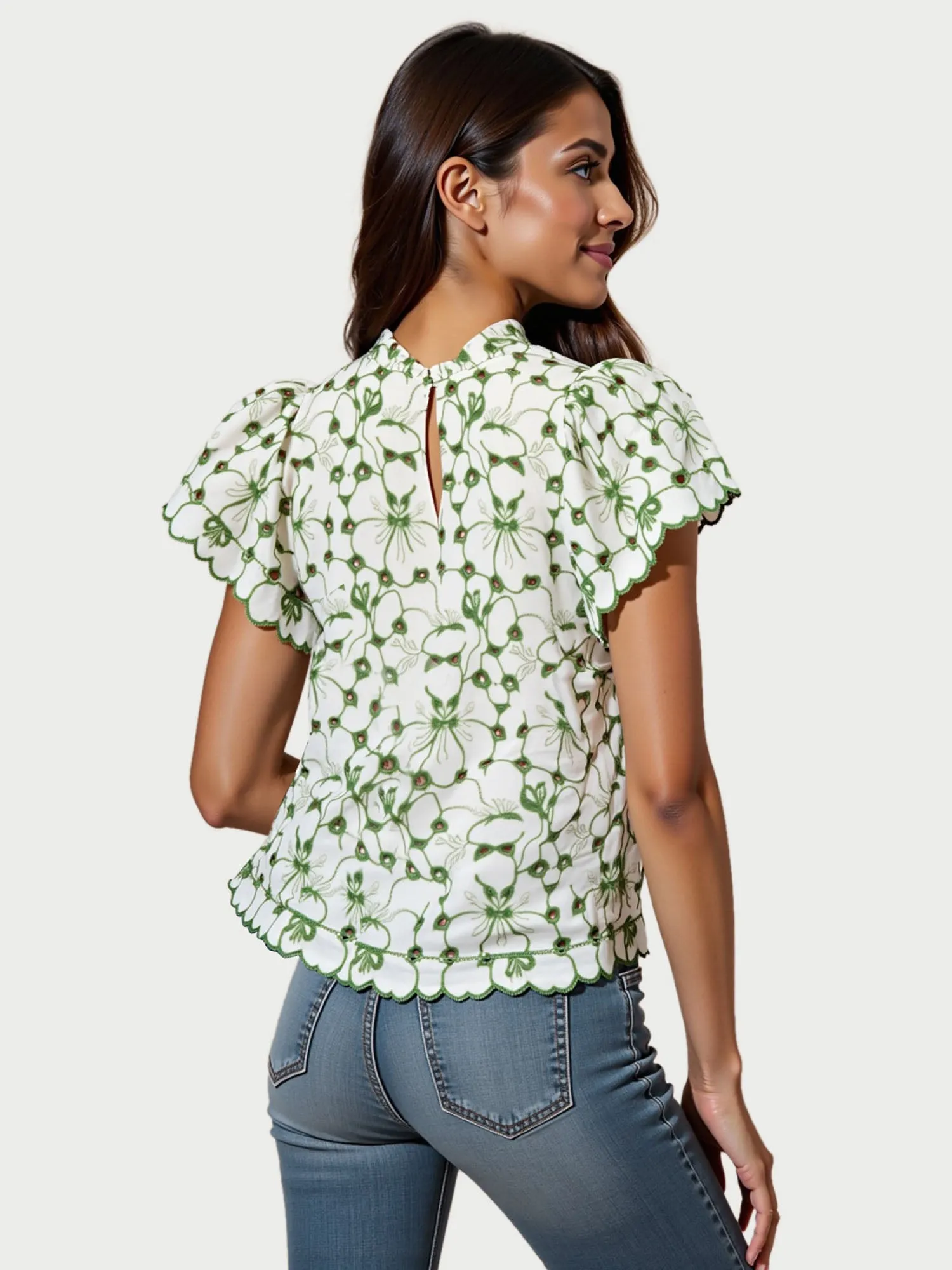 Mock Neck Embroidered Eyelet Blouse