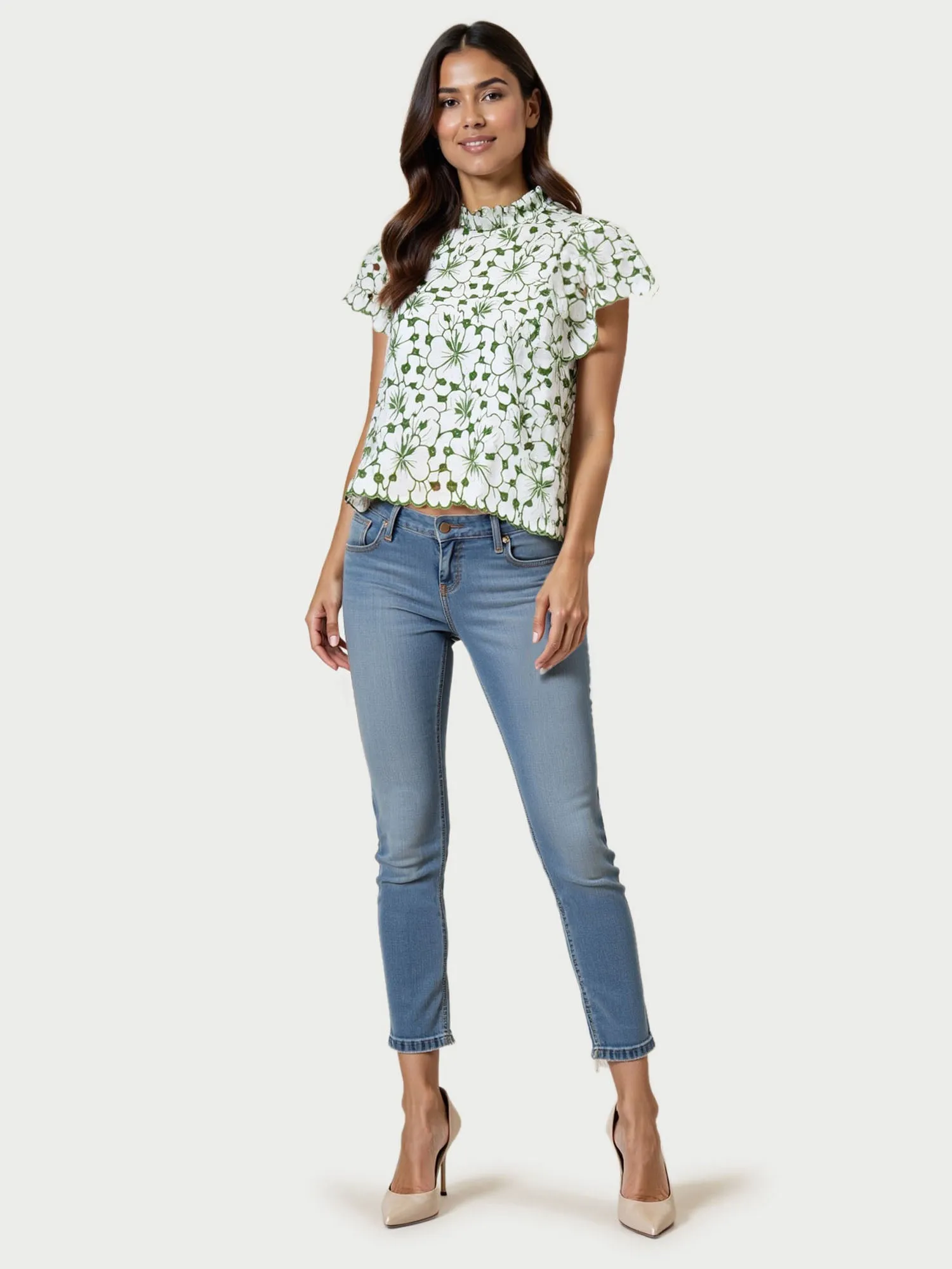 Mock Neck Embroidered Eyelet Blouse