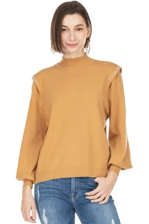Mock Neck Pearl Shoulder Sweater
