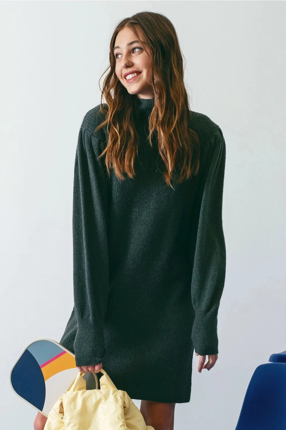 Mock Neck Sweater Dress - Charcoal