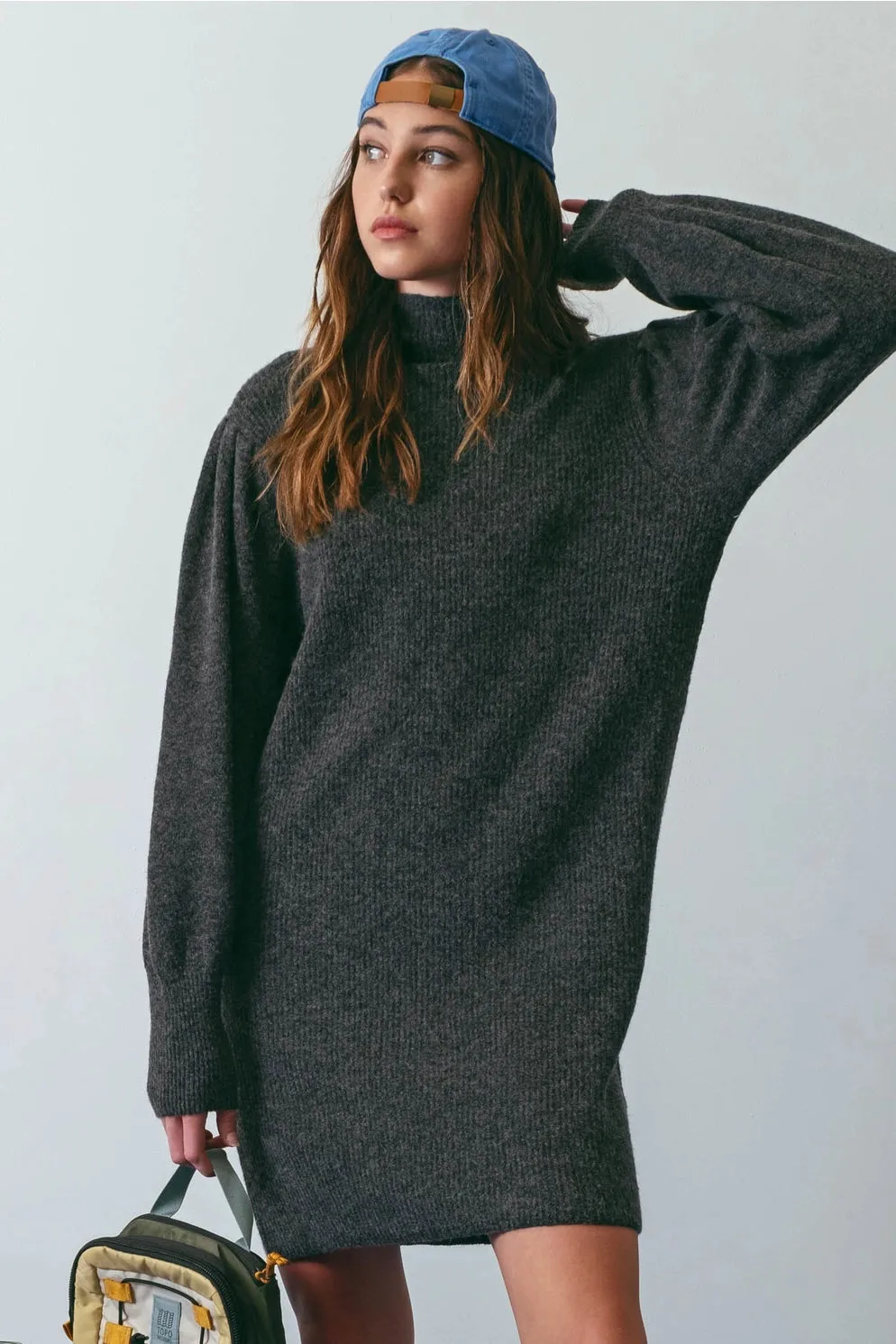 Mock Neck Sweater Dress - Charcoal