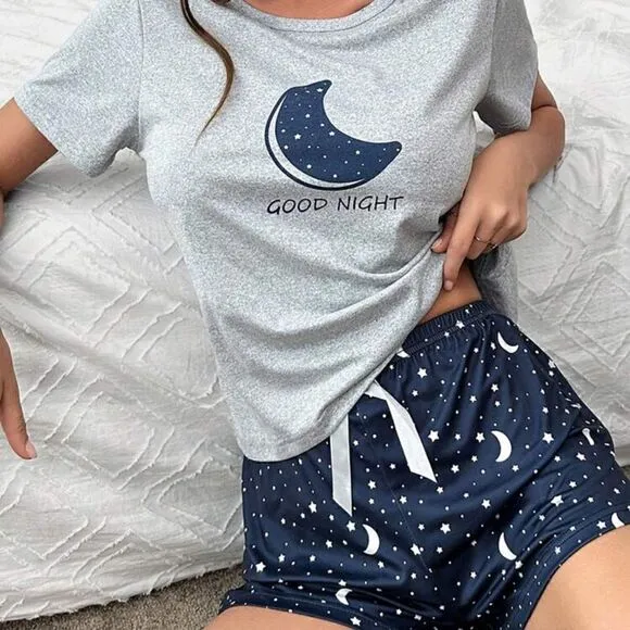 Moon Print Two Piece Soft Pajama Set