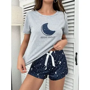 Moon Print Two Piece Soft Pajama Set