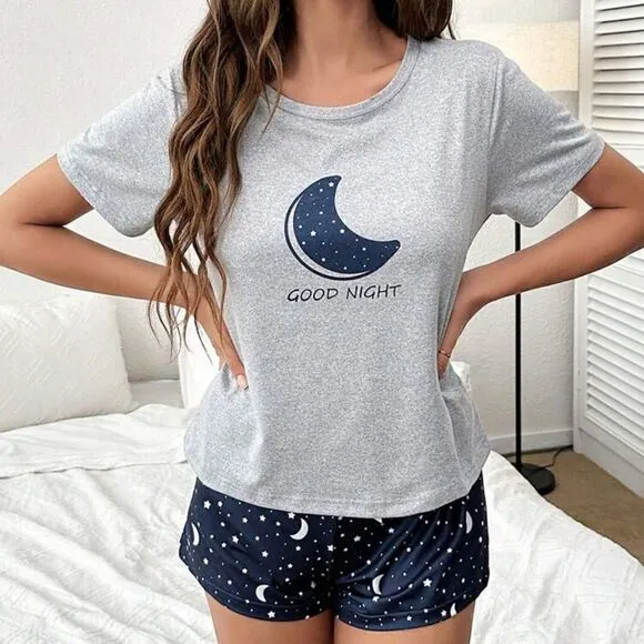 Moon Print Two Piece Soft Pajama Set
