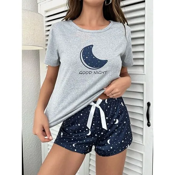 Moon Print Two Piece Soft Pajama Set