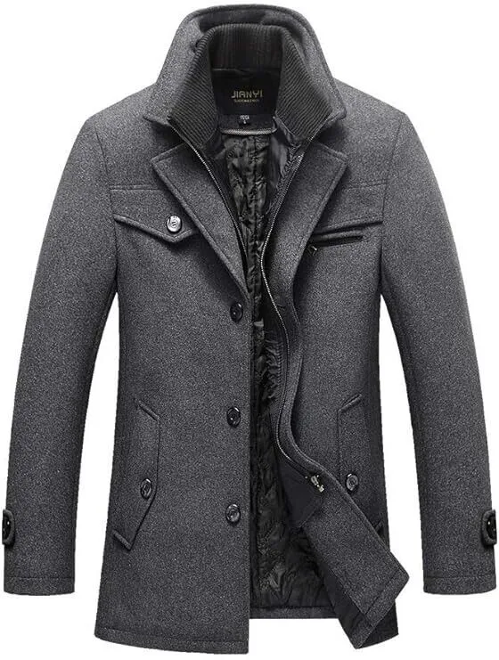 Mordenmiss Men's Quilted Wool Coat Slim Fit Single Breasted Thick Walker Coat, L