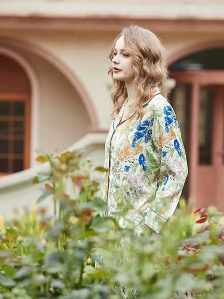 Morning Glory  and Lily Pattern Cardigan Long Sleeve Pajama Set