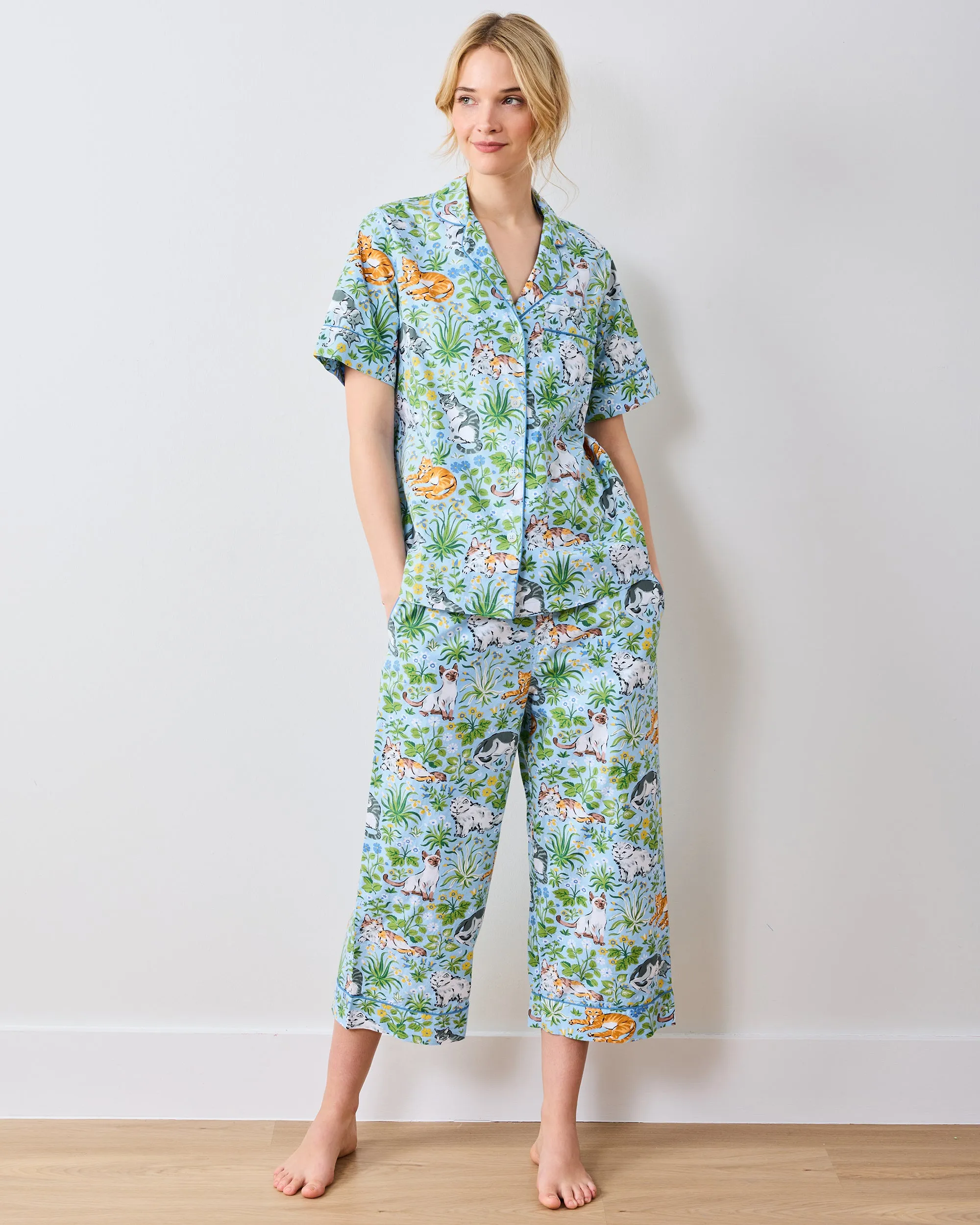 Must Love Cats - Short Sleeve Top & Cropped Pants Set  - Cornflower