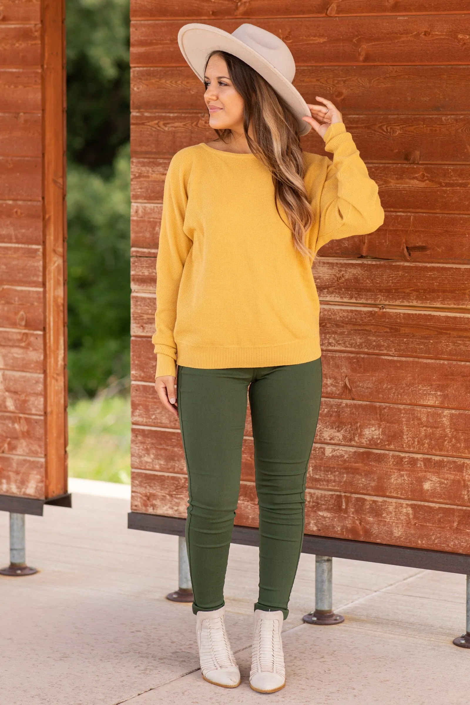Mustard Dolman Sleeve Soft Waffle Knit Top