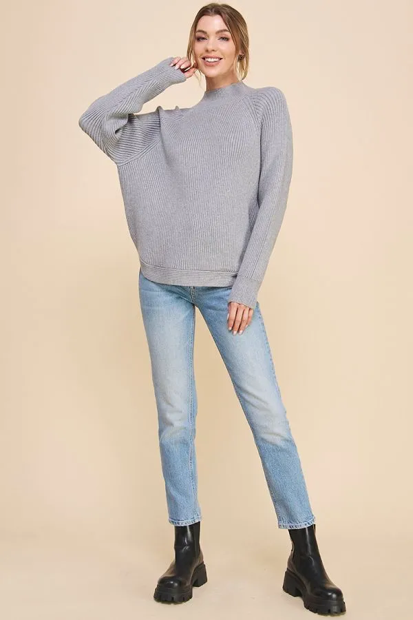 Mya Ribbed Mock Neck Sweater - Grey/Off White
