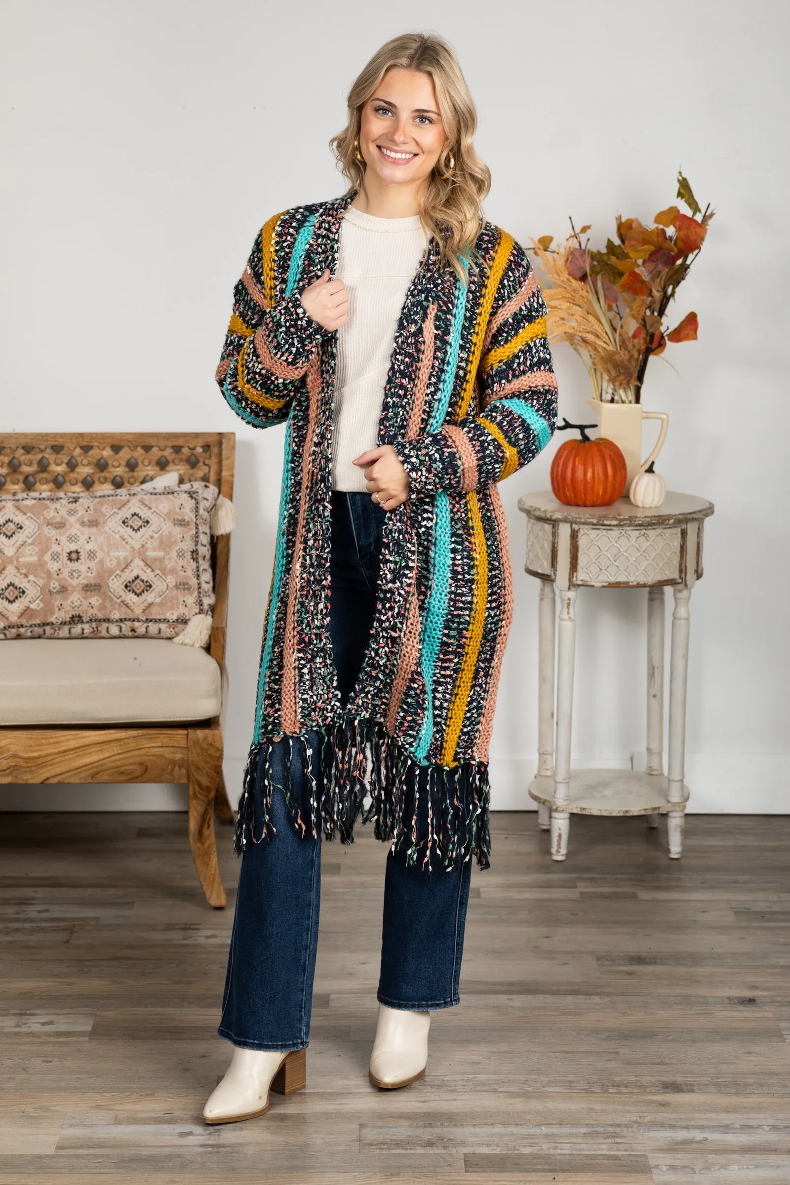 Navy Multi Color Fringe Cardigan