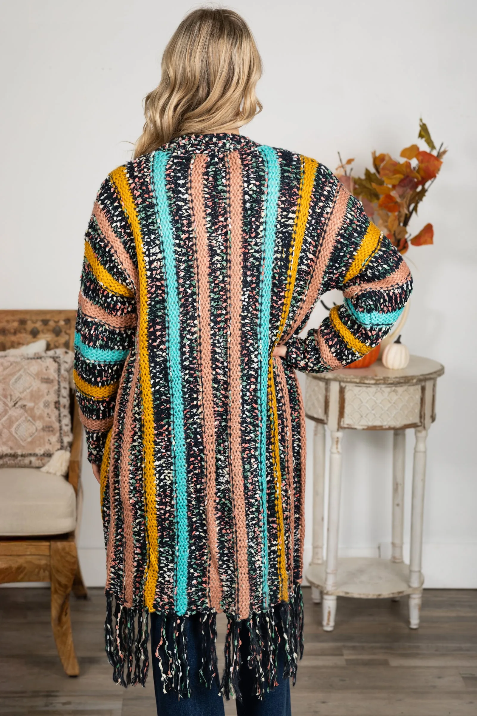 Navy Multi Color Fringe Cardigan