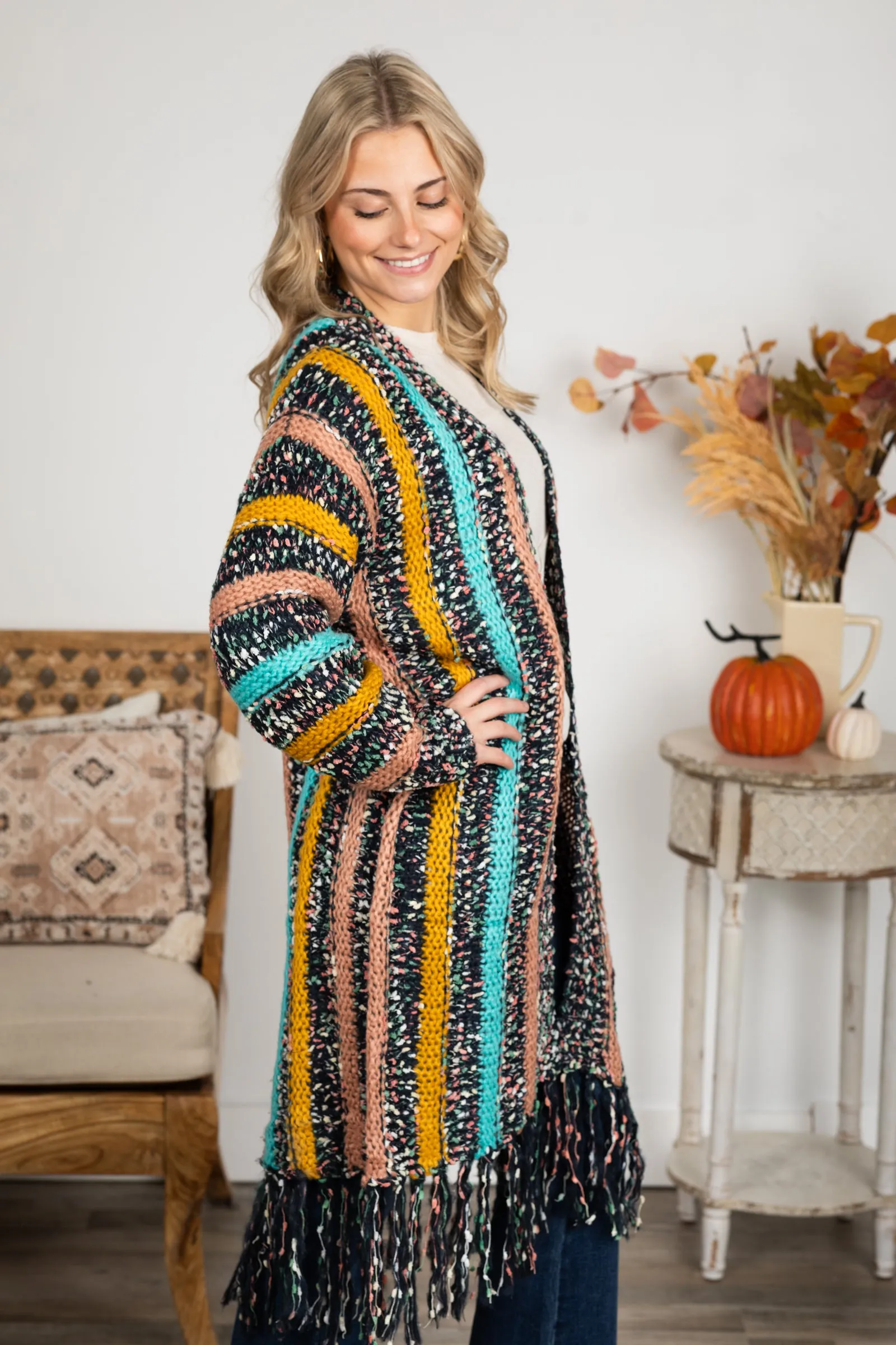 Navy Multi Color Fringe Cardigan