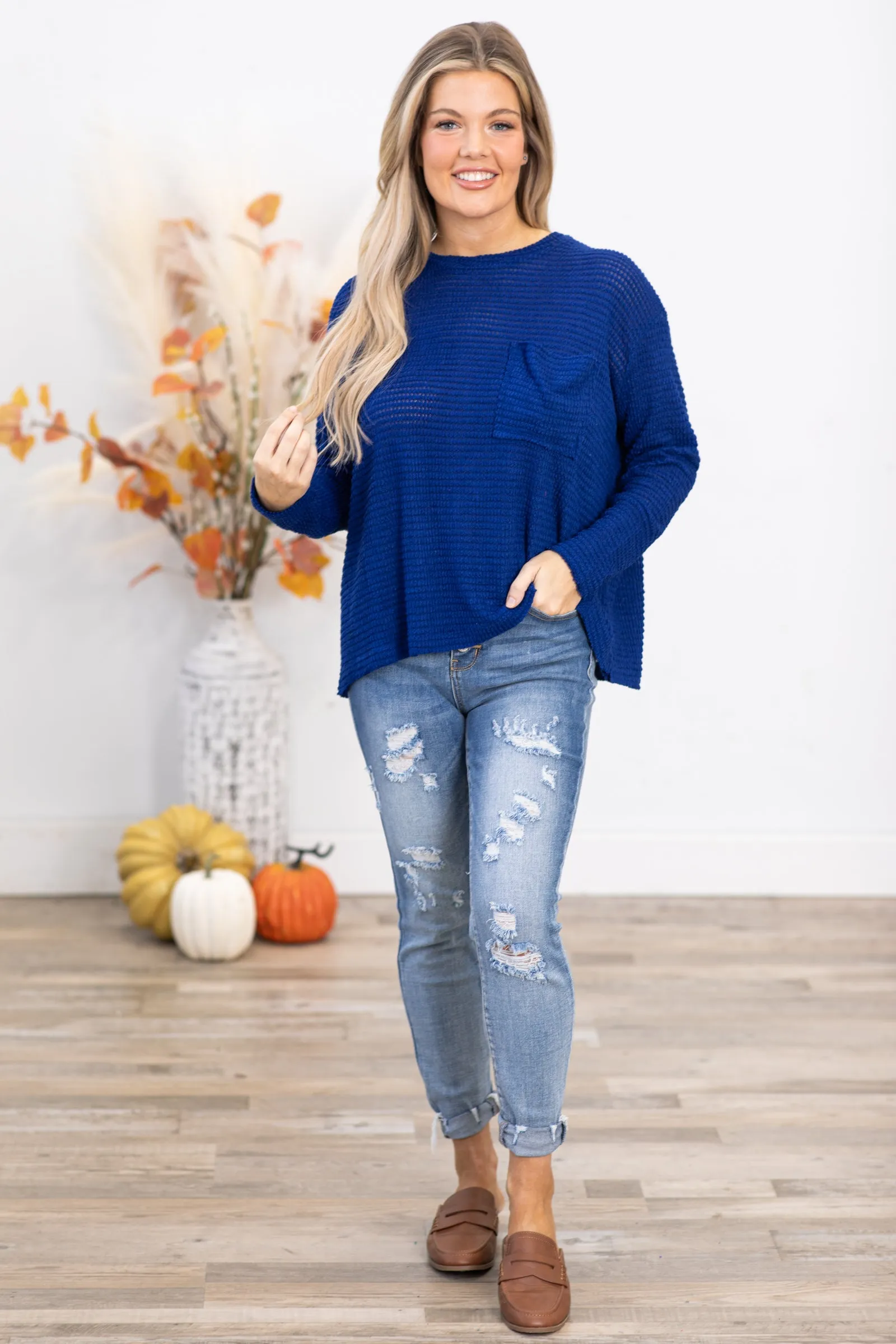 Navy Waffle Knit Sweater With Pocket
