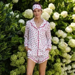 NEW Revolve Plush Strawberry Faux Silk Pajama 3 Piece Set in White &amp; Red XS
