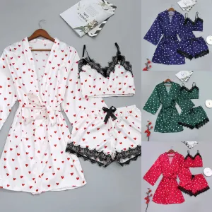 New Sexy Pajamas Three-Piece Maternity Summer Ice Silk Love Print Pajamas Breastfeeding Pajamas Monthly Clothing Home Wear Set