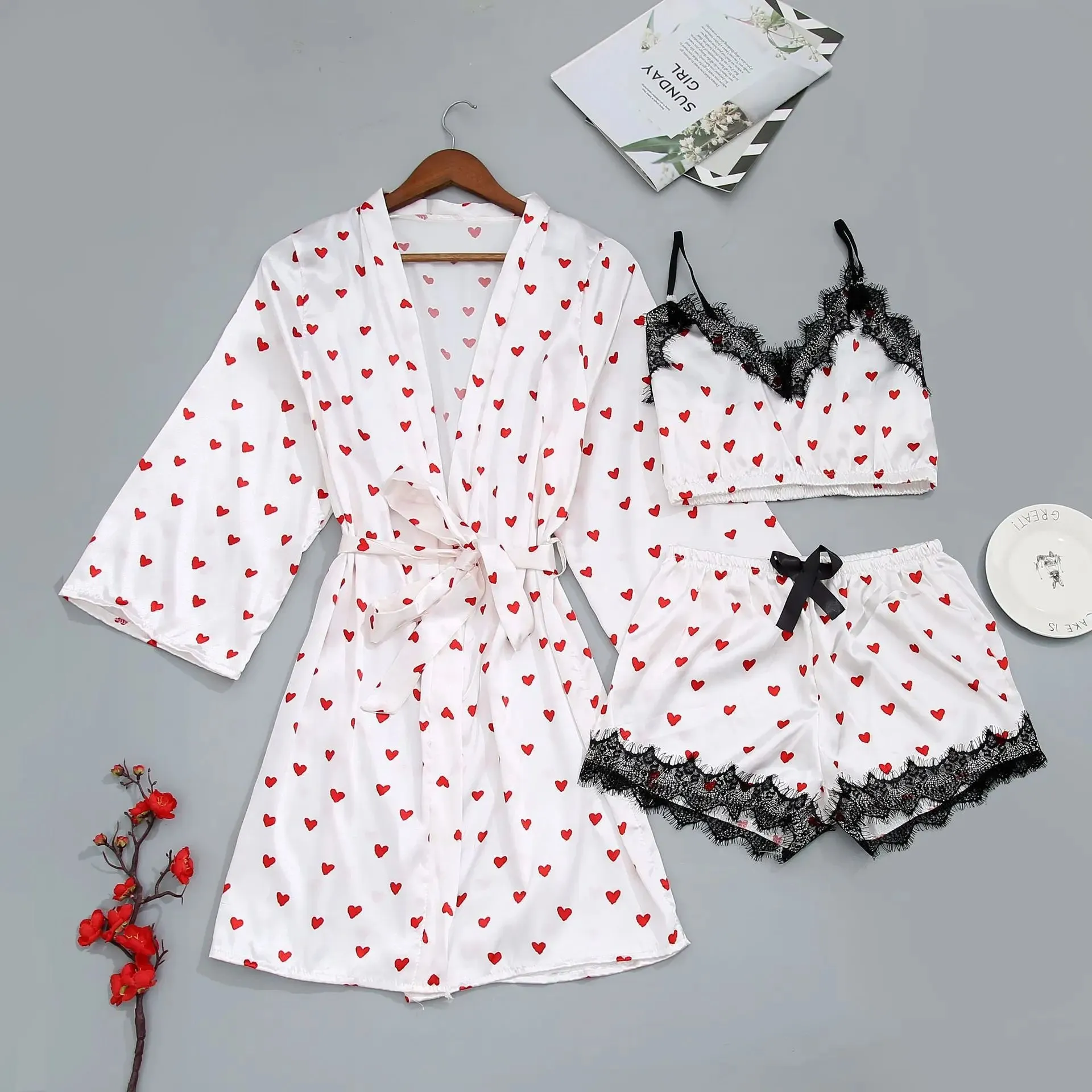 New Sexy Pajamas Three-Piece Maternity Summer Ice Silk Love Print Pajamas Breastfeeding Pajamas Monthly Clothing Home Wear Set