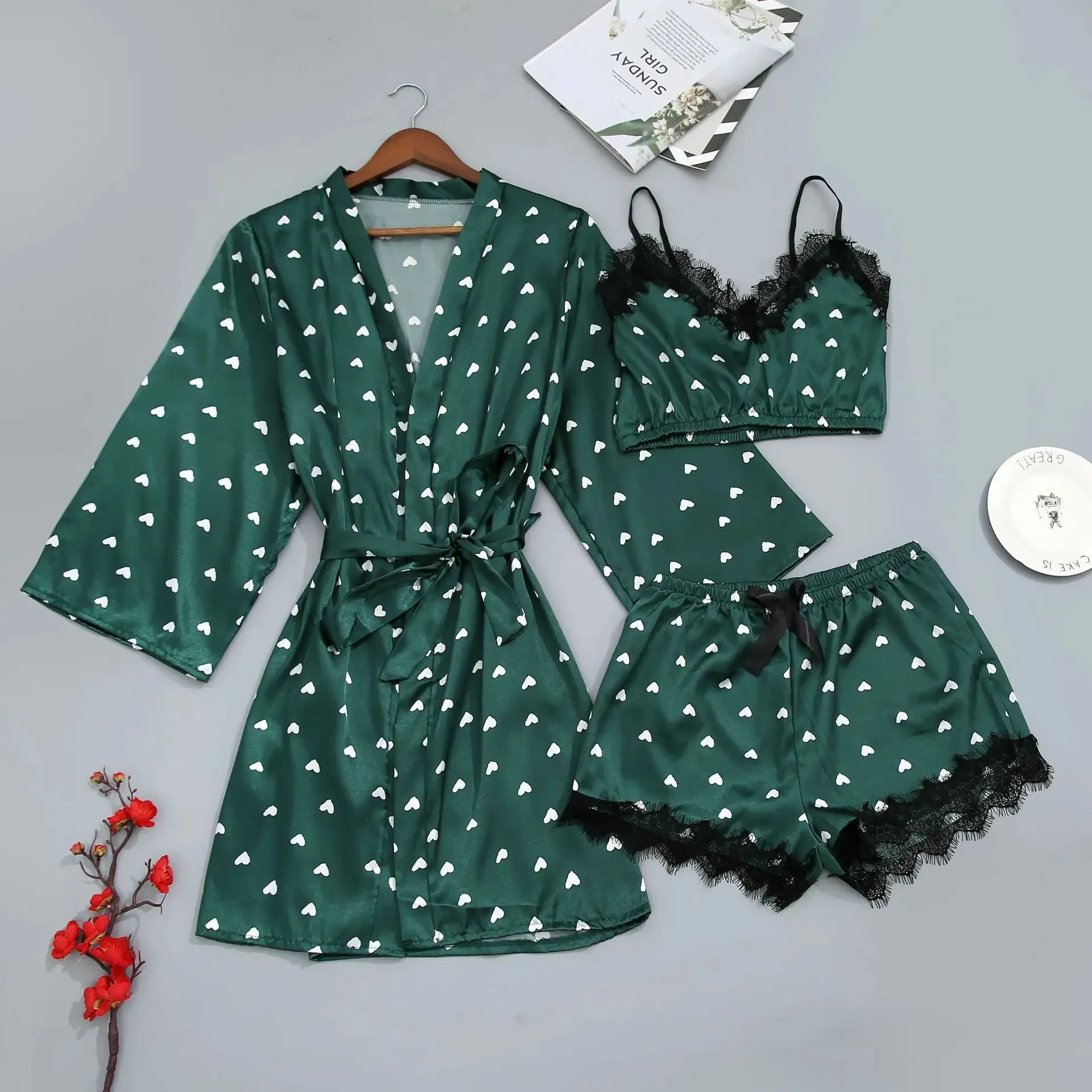 New Sexy Pajamas Three-Piece Maternity Summer Ice Silk Love Print Pajamas Breastfeeding Pajamas Monthly Clothing Home Wear Set