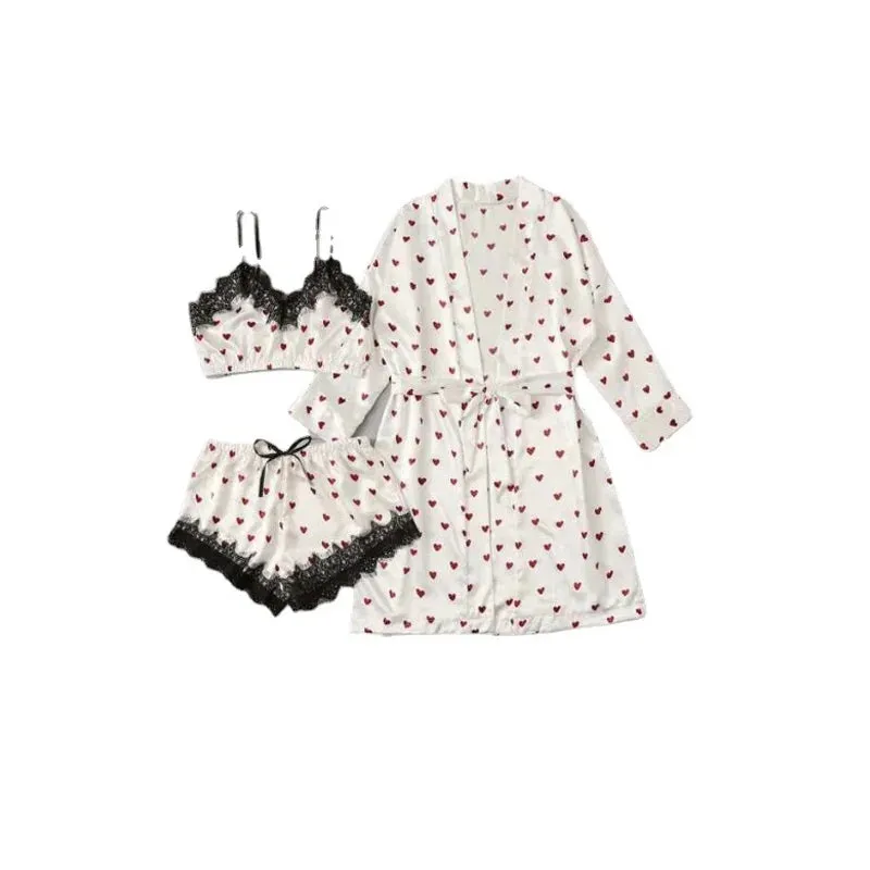 New Sexy Pajamas Three-Piece Maternity Summer Ice Silk Love Print Pajamas Breastfeeding Pajamas Monthly Clothing Home Wear Set