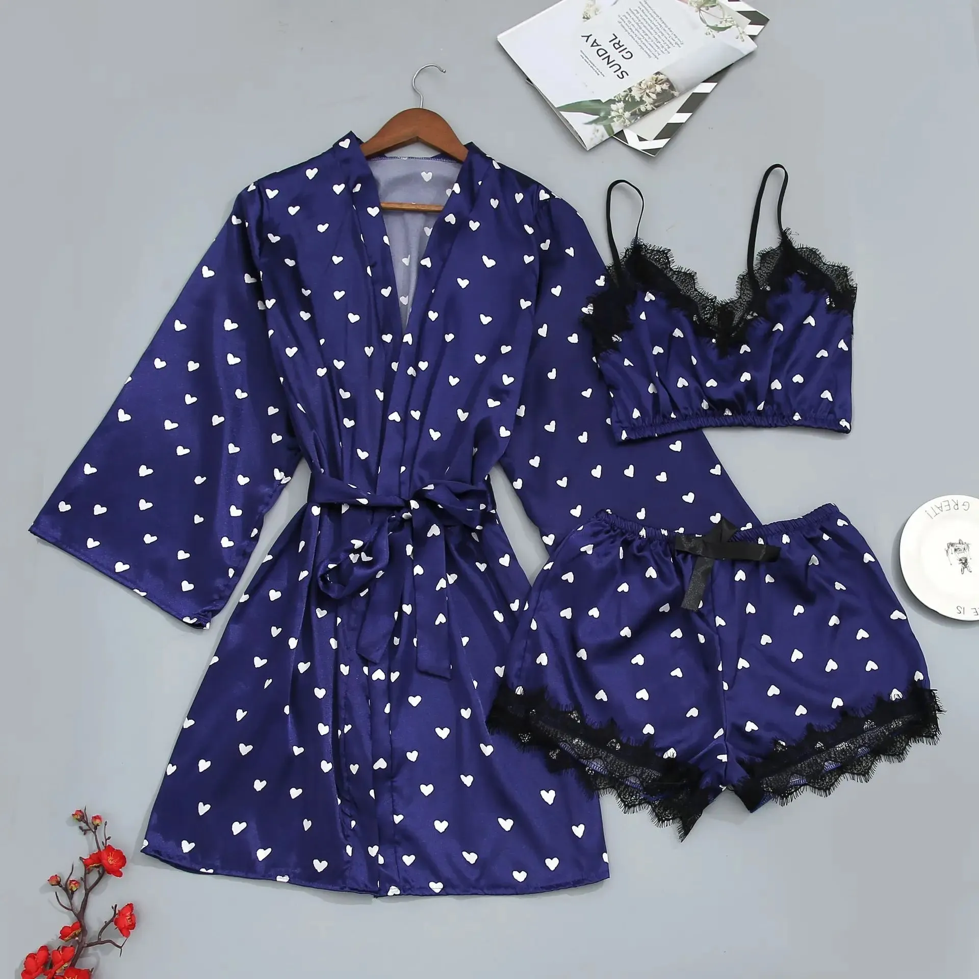 New Sexy Pajamas Three-Piece Maternity Summer Ice Silk Love Print Pajamas Breastfeeding Pajamas Monthly Clothing Home Wear Set