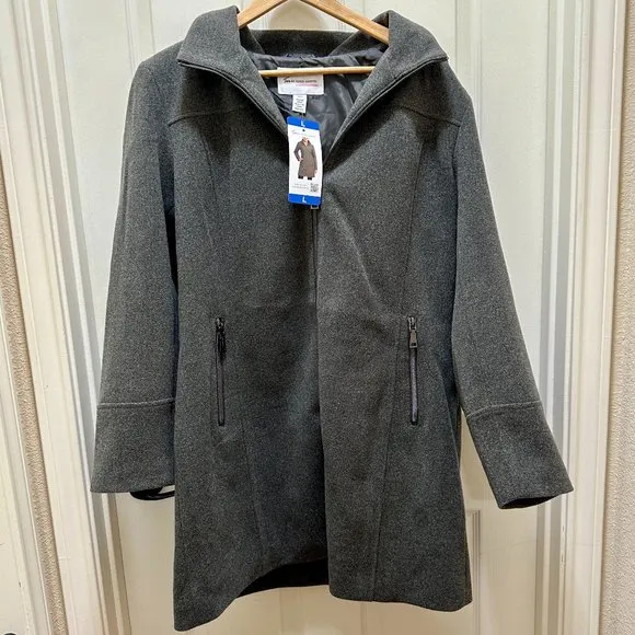 New Two By Vince Camuto Walker Coat Size L Grey Mid Length Hooded Fully Lined